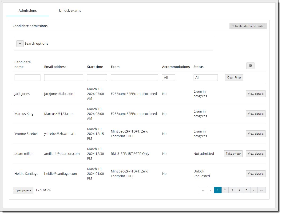 The Admissions tab lists unlocked exams with an Exam in progress status.